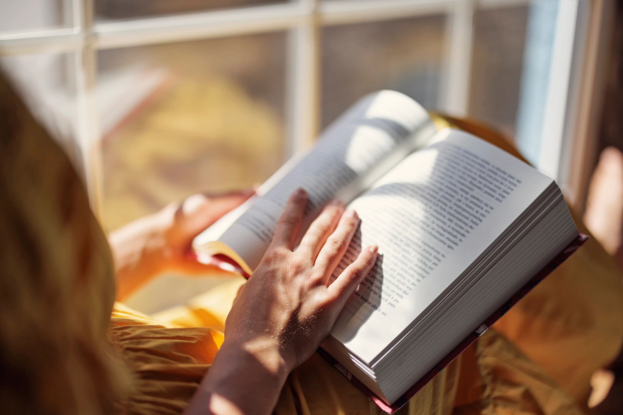 Person reading a book by a window in natural light